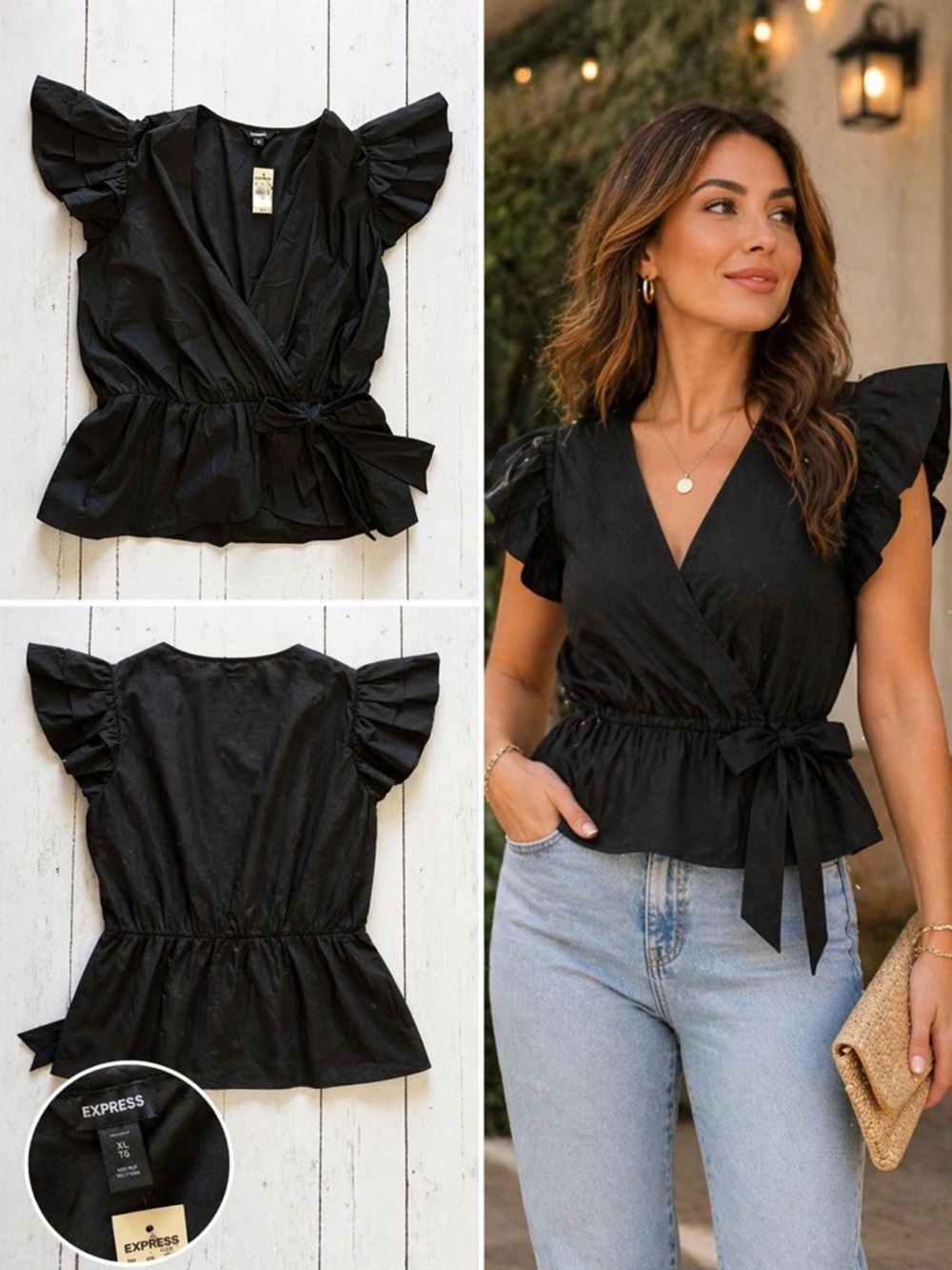 Express Black Wrap Top Ruffle Sleeve Peplum Blouse XL
